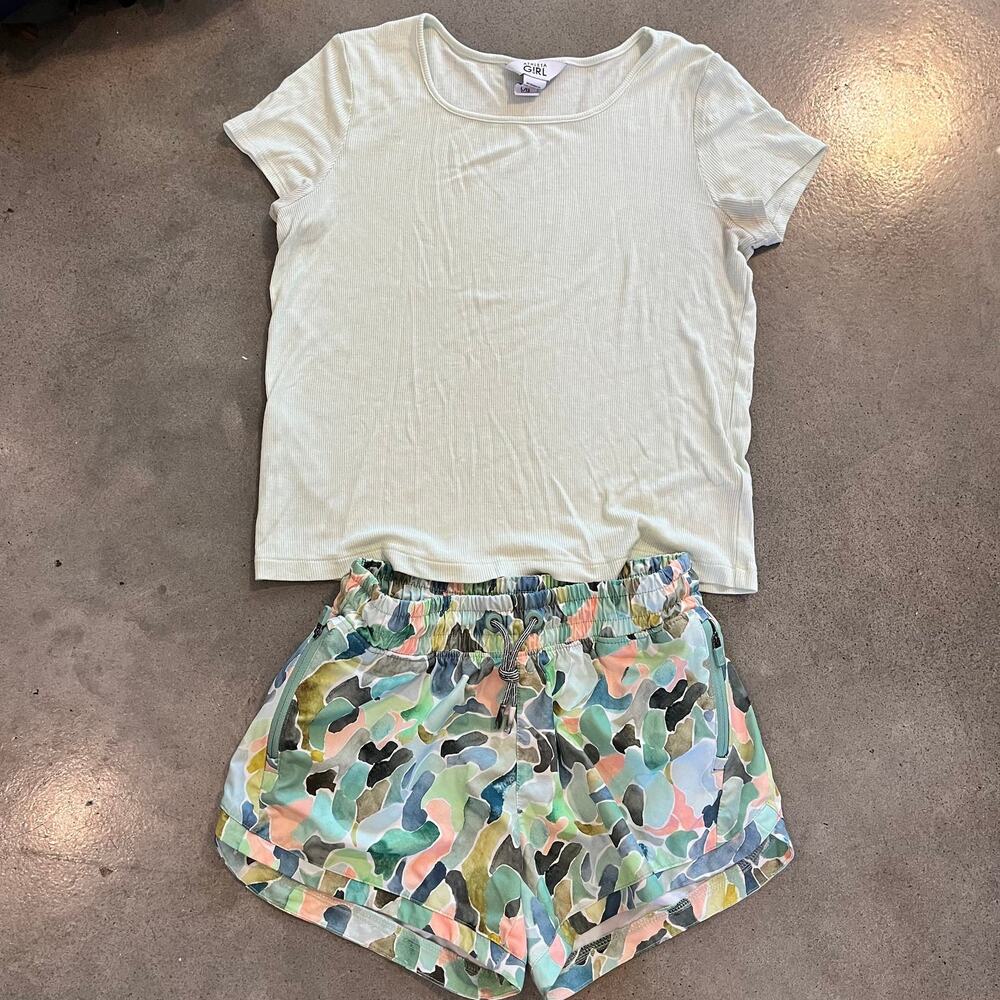 Athleta Girl light green tshirt mosaic color running shorts girls L size 12 set